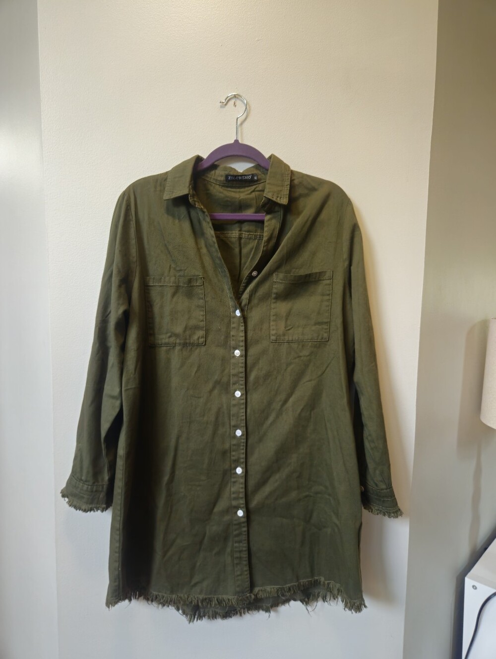 Olive Green Long Sleeve Shirt Dress Large/ XL Collared Button Front Mini Casual